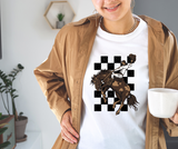 Bucking Bronco Cowboy on Black Checkered Adult Tee Shirt