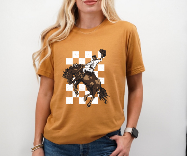 Bucking Bronco Cowboy on White Checkered Adult Tee Shirt