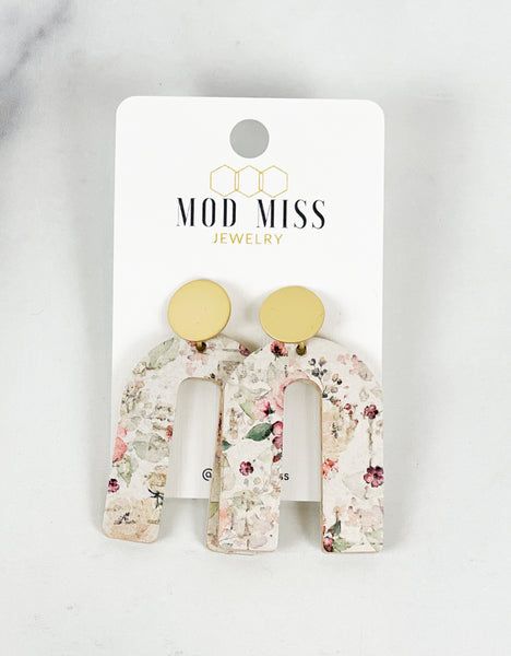 Cork+Leather Arch Earring "Mauve Floral"