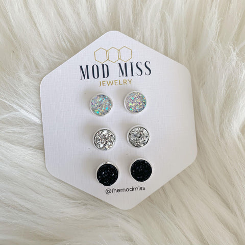 Druzy Stud Earring Set of 3 "Clear, Silver, & Black in Silver Setting"