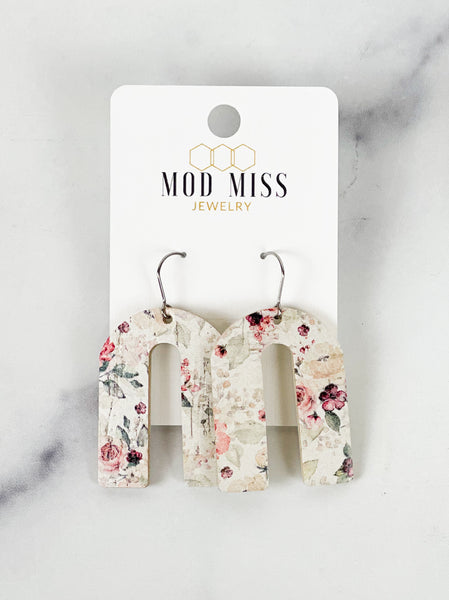 Cork+Leather Arch Earring "Mauve Floral"