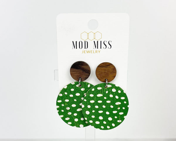 Cork+Leather Round Earring "Green & White Specs"