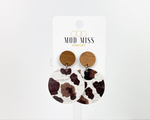 Cork+Leather Round Earring "Cow Print"