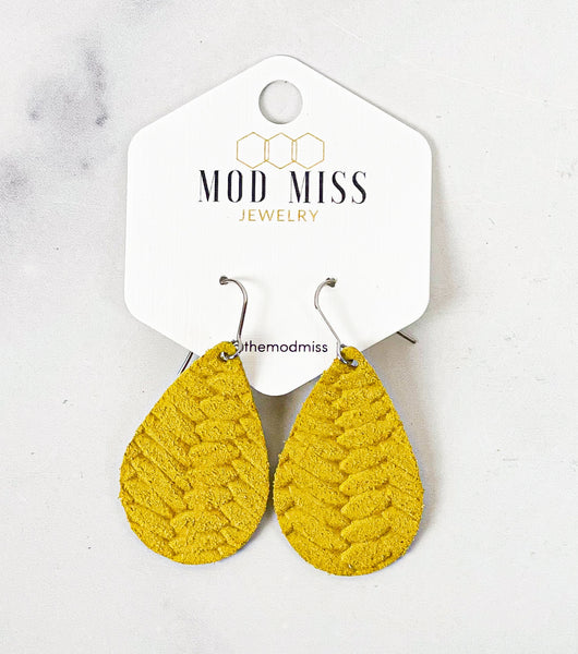 Leather Teardrop Earring "Weaved Yellow"