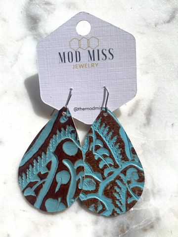 Leather Teardrop Earring "Turquoise Paisley"