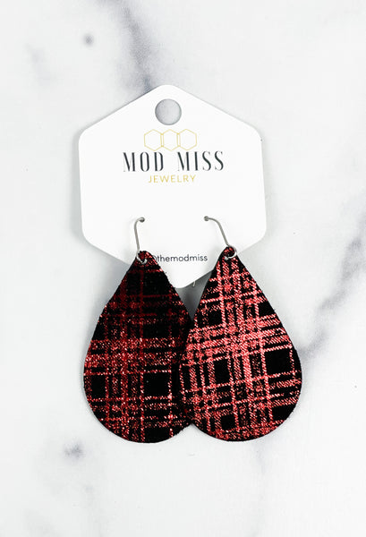 Leather Teardrop Earring "Buffalo Plaid Red Shinny"