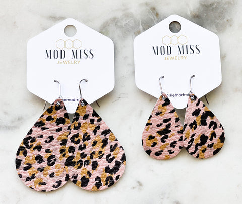 Leather Teardrop Earring "Leopard Blush"