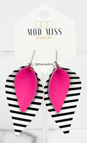 Leather Stacked Petal Earring "Hot Pink on Black and White Stripe (Thin Stripes)"