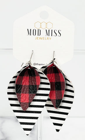 Leather Stacked Petal Earring "Buffalo Plaid Red Mini on Black & White Stripe (Thin Stripes)