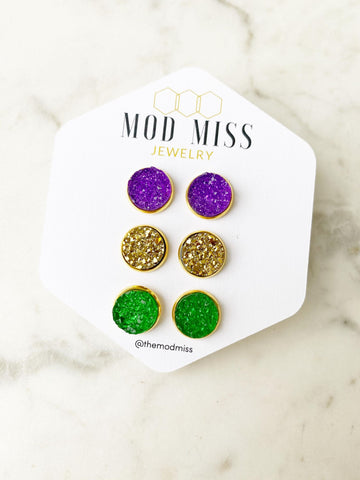 Druzy Stud Earring Set of 3 "Purple, Gold & Green in Gold Setting"