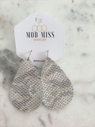 Leather Teardrop Earring "Snakeskin Gray & White"