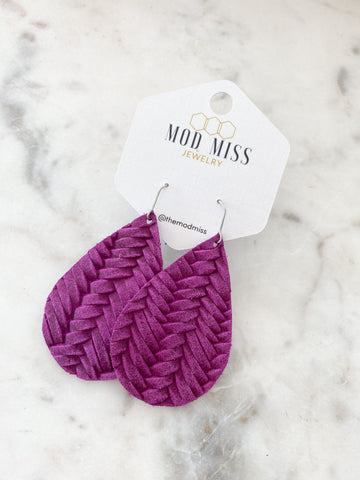 Leather Teardrop Earring "Weaved Magenta"