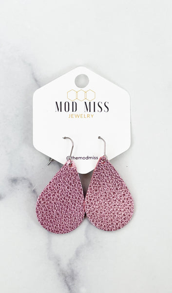 Leather Teardrop Earring "Metallic Light Pink"