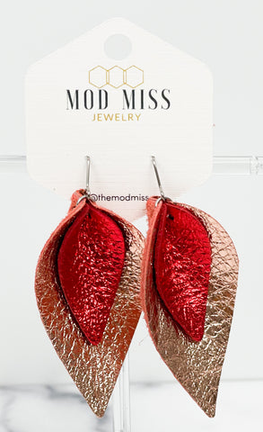 Leather Stacked Petal Earring "Metallic Red on Metallic Rose Gold"