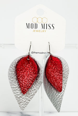 Leather Stacked Petal Earring "Metallic Red on Metallic Silver"