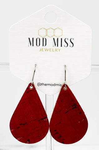 Cork+Leather Teardrop Earring "Red "